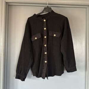 Chou Yatou Women's Button Front Waffle Black Sweater Ruffle Sz Large
